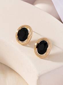 1 Pair Luxury Retro Style Gold-Plated Glass & Zinc Alloy Stud Earrings, Suitable For Daily Wear And Weddings, Black - Black - View 1