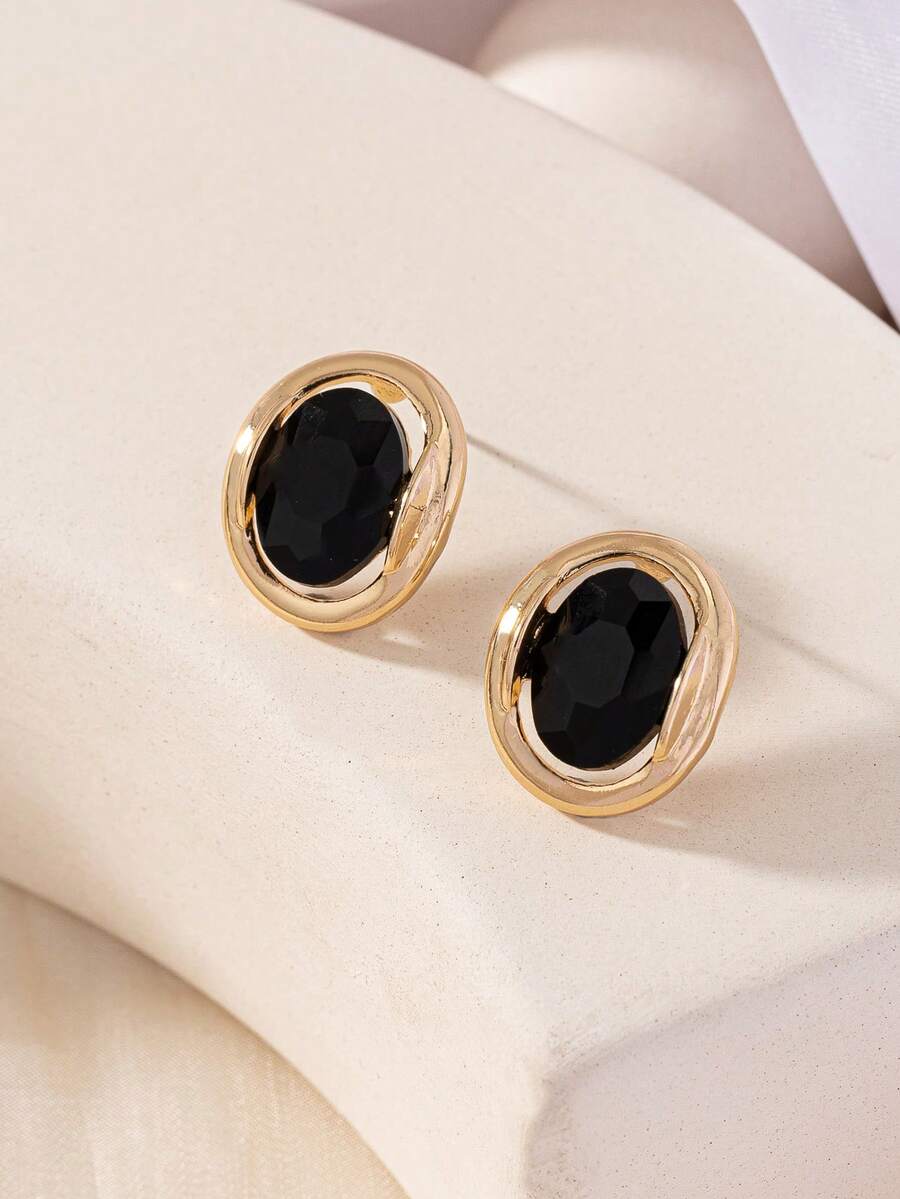 1 Pair Luxury Retro Style Gold-Plated Glass & Zinc Alloy Stud Earrings, Suitable For Daily Wear And Weddings, Black - Black - View 1