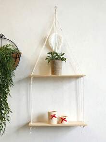 1pc Beige Leaf Pattern Hanging Wall Shelf Boho Aesthetic Decorative Floating Display Shelf Minimalist Nordic Style Rope Hanging Storage Rack Elegant Feather Detail Wall Organizer Plant Display Shelf Decorative Home Accent Suitable For Living Room Bedroom Bathroom Kitchen Balcony Apartment Dorm Wall Decoration Plant Holder Shelf Room Decor - Multicolor - View 6