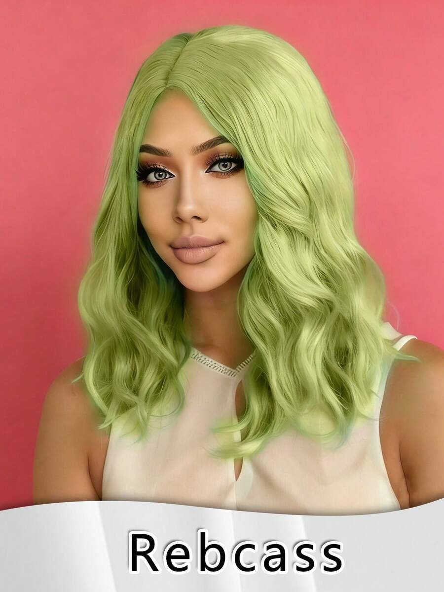 Elegant 14-Inch Women's Black/Green Color Water Wave Curly Wig, Center-Parted Style, Made Of Heat-Resistant Synthetic Soft Fibers Suitable For Daily Wear, Festive Events, And Cosplay Women'S Natural Look Short Curly Wavy Synthetic Hair -4*2 U Lace Wigs, Easy To Style For Everyday, Parties, Photoshoots - Voluminous Curly Waves Hairstyle, Short Hair Wig, Party Accessory,Fashion Accessory, Beauty Enthusiasts, Quick Hairstyle Fashion Lovers - Green - View 1