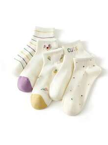 5双装女士绿色清新袜子，日式可爱郁金香透气3D立体船袜 - 彩色 - 查看 2