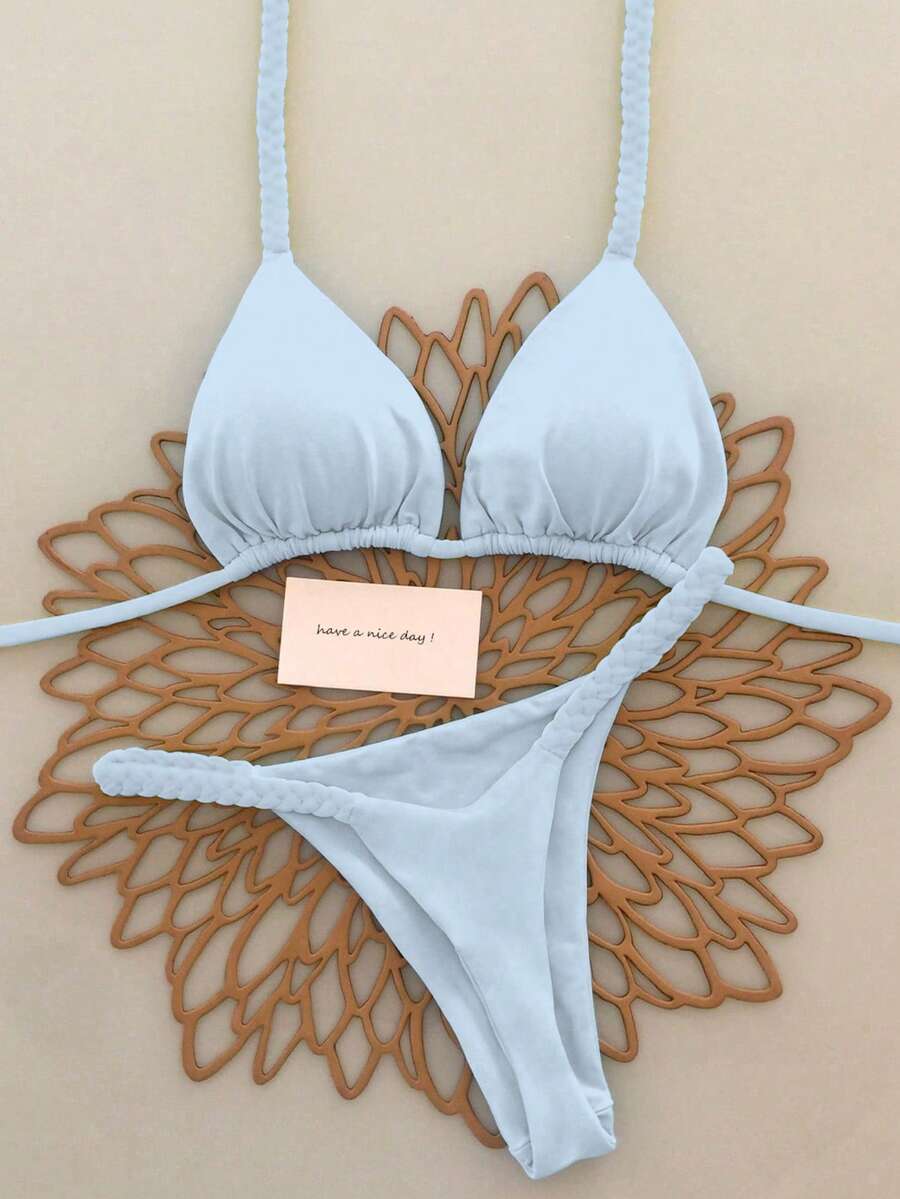 2026 女士蓝色编织比基尼上衣，甜美清新撞色性感泳衣，两件式夏季沙滩装，女士生日礼服，女士健身服，女士优雅连衣裙，女士度假服，女士休闲上衣 - 淺藍色 - 查看 1