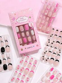 Bộ 120 miếng dán móng tay trẻ em, 5 kiểu dáng, 5 tờ dán móng tay hình hoa trái tim màu hồng và đen dễ thương, bộ móng giả ngắn hình bầu dục bằng acrylic. - Nhiều màu - Xem 6