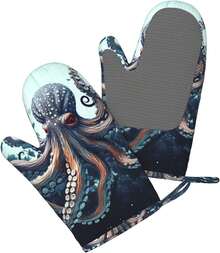 Guantes de horno impresos de pulpo fresco, resistentes al calor, guantes de cocina de silicona antideslizantes, guantes de cocina para hornear, guantes de barbacoa, 1 par - 1 - Ver 3