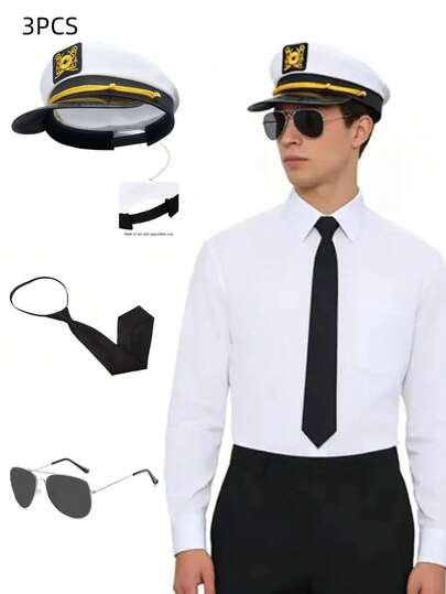 Conjunto de gorra de capitán náutica para hombres, con correa ajustable en la parte trasera, incluye corbata de clip y gafas de aviador de moda, accesorios de disfraz para fiestas, adecuado para Halloween