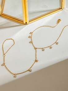 1件时尚18K镀金不锈钢多锆石戒指链，百搭夏季海滩度假风 - 金色 - 查看 3