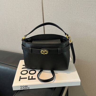 1个迷你肩带装饰纯色PU手提包，带旋转锁扣，时尚女士托特包，适合日常外出和通勤，春夏季节适用。