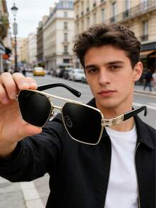 Men's Classic Black & Gold Double-Bridge Aviator Fashion Glasses, Fashionable, Parisian Street Style - Multicolor - View 2