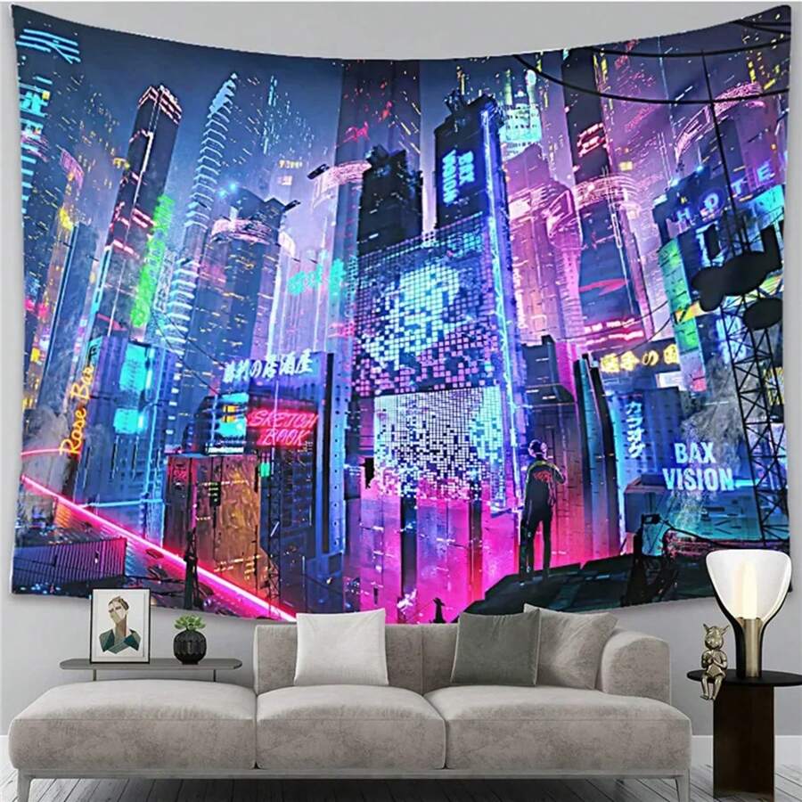 Cyberpunk Neo Futuristic Poster Tapestry Fantasy City Cyberspace Neon "Good Vibes Only" Art Game Room Kids Bedroom - 多色 - 查看 1