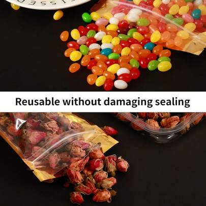 Resealable Gold Foil Stand-Up Pouches – Food Storage Zipper Bags. Shiny Gold Foil Material: Stylish Packaging For Snacks, Nuts, Tea & Dry Foods. Zipper Seal: Preserves Freshness, Moisture-Resistant. Various Sizes: Suitable For Home/Kitchen Storage Or Small Business Packaging. Practical, Decorative Storage Solution!