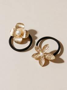 1pc Elegant Metal Pearl Flower Hair Scrunchie, High Elasticity Ponytail Holder For Daily Use All Year Round - Multicolor - View 4