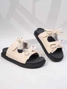 Girls' Beige Suede Bow Slide Sandals, Sweet Open Toe Summer Shoes For Kids - Beige - View 6