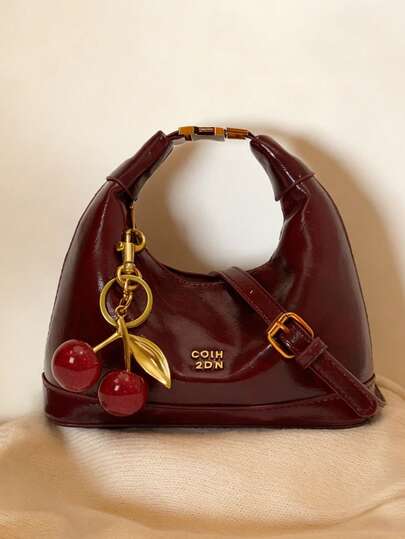 New Fashion Solid Color Clown PU Waterproof Handbag, Letter Graphic Decor, Zipper Closure, Square Tote Bag, Burgundy Handbag With Pendant Decor, Adjustable Shoulder Strap, Suitable For Shopping, Fashionable Burgundy Bag, Essential For New Year , Burgundy Bag