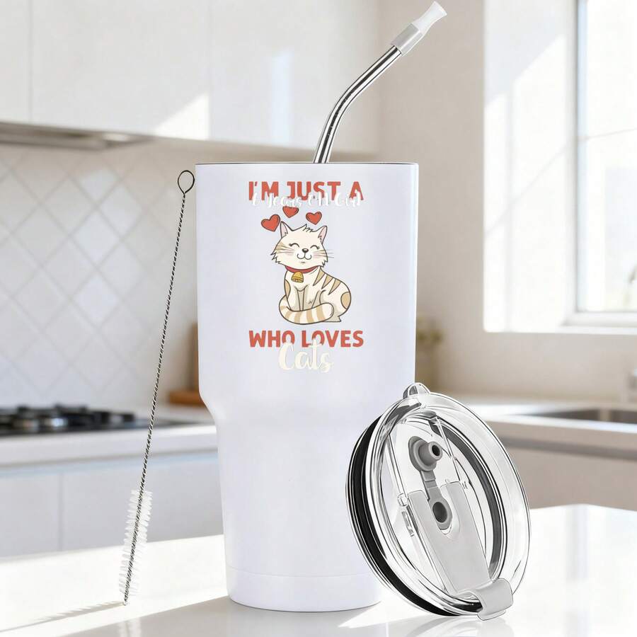 30oz Stainless Steel Tumbler Black White Options,  I Am Just A 6 Years Old Girl Who Loves Cats Graphic Cups, Insulated Travel Coffee Mug With Lid And Straw , Double Wall Vacuum Reusable Travel Cups, Funny Birthday Party Gift For Women & Men - 白色 - 查看 1