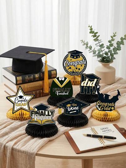 9pcs Black & Gold 2026 Graduation Decorations, Honeycomb Desktop Center Decor, Graduation Party Supplies, Desktop Ornaments, Graduation Party Favors, Indoor & Outdoor Glitter Graduation Decorations, Hanging Graduation Decorations, Congratulations To The Class Of 2026