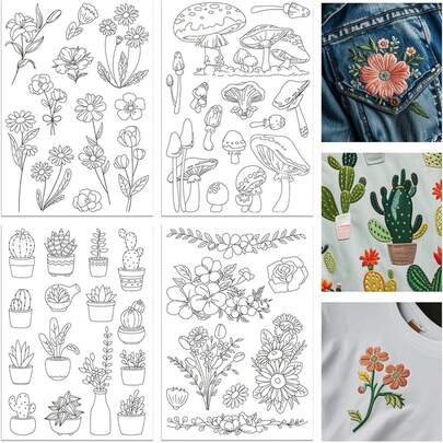 4 Blatt Floral Pilz Sukkulenten Muster Stickerei Aufkleber selbstklebend wasserlöslich Vlies Stabilisator für DIY Nähen Handwerk Anfänger Kleidung Tasche Hut Accessoires Dekoration