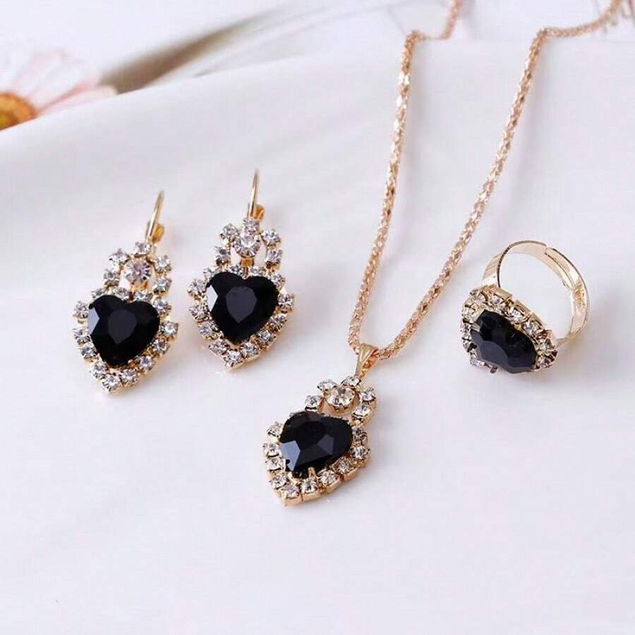 Women's Full Cubic Zirconia Pendant Necklace, Earrings, Ring And Bracelet Set - Black Heart-shaped Diamond 3-piece Set - View 1