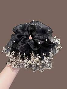 1个法式优雅珍珠蕾丝发圈，新款后颈马尾发绳发饰 - 彩色 - 查看 4