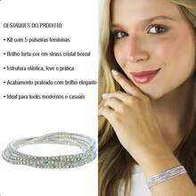 Women's Semi-Jewelry Set, 925 Sterling Silver Plated, Kit Of 5 Elastic Bracelets With Sparkling Rhinestones, Silver Finish - 北方 - 查看 3