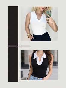 Blusa Regata Gola Polo Canelada Bicolor Sem Manga Elegante Moda Feminina Confortável Ajustada Ideal para Trabalho Escritório Social Básica Malhado Passeio - Preto - Visão 6