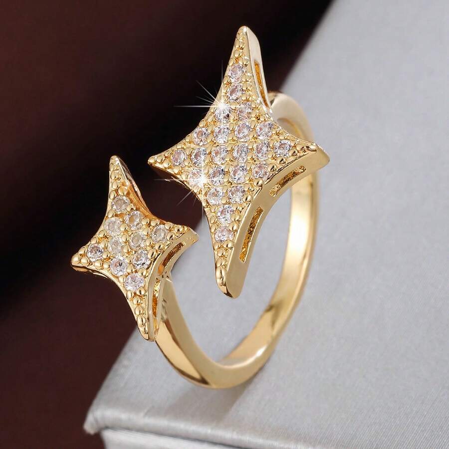 1pc Fashion Four-Pointed Star Design Cubic Zirconia Adjustable Ring For Women - Multicolor - View 1