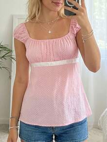 Women Fairy Grunge Y2k Babydoll Shirt Cap Sleeve Polka Dot Tie Back Flowy Crop Top Summer Aesthetic Square Neck Ruched Shirt Preppy Clothes - 粉色 - 查看 3