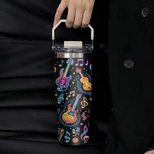 1pc/5pcs 30oz Neon Guitar Stainless Steel Insulated Car Mug. Perfect For Coachella, Back To School, Independence Day, Themed Parties, Birthdays, And Holidays. Features A Neon Guitar Dog Print. Insulates Both Hot And Cold Drinks, Combining Stylish Design With Practical Function To Meet Daily Hydration Needs. Equipped With A Convenient Carrying Handle. - Multicolor - View 10