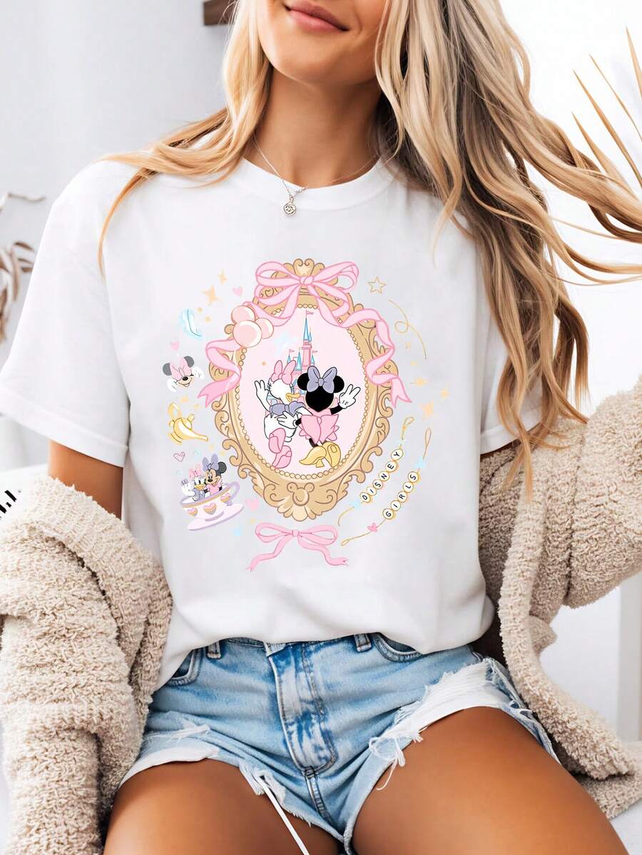 Disney-Style Women's Graphic Tee Featuring A Pink Cartoon Print Of Minnie Mouse And Daisy Duck In Gold-Rimmed Glasses. This Women's Summer Clothing Item Is A Crew-Neck Tee Made From Soft, Comfortable 100% Cotton Fabric. Perfect For Everyday Wear, Outdoor Activities, Or Shopping Outings. Also Ideal As Women's Vacation Wear. - White - View 1