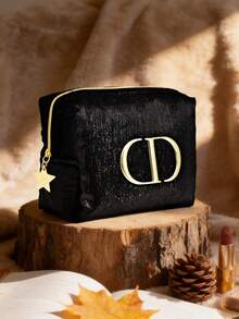 Dior High-End Fashion Black Glossy Gold Logo Velvet Cosmetic Bag - Black - View 10