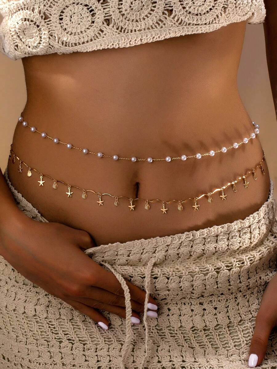 2 buah Rantai Pinggang Mutiara Imitasi Seri Laut Gaya Bohemian untuk Wanita - Yellow Gold - View 1