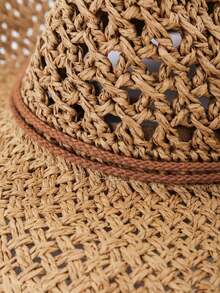 1pc Vintage Hollow Brim Wide Brim Straw Hat, Unisex Outdoor Travel Beach Hat, Handwoven Breathable Western Cowboy Panama Hat, Spring/Summer - A - 查看 10