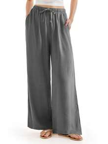 OMKAGI  Women's Linen Wide-Leg Pants With Pockets - Loose And Casual Long Pants For Home Wear Walking Around Vacation Beach Wear - 灰色 - 查看 9