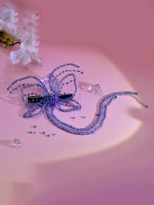 1个优雅蓝色蝴蝶长流苏发夹，串珠简约飘逸发夹，适合新娘、婚礼、约会、旅行、派对、送礼、休闲佩戴 - 藍色 - 查看 3