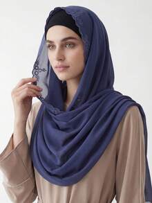 1件女士新款珍珠雪纺花卉刺绣围巾，马来西亚围巾披肩 - 彩色 - 查看 7