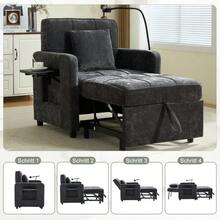 Two-In-One Sleeper Chair, Single Sleeper Sofa, Chenille Armchair (With Cushions And Side Pockets), With A Small Table On One Side And A Storage Bag On The Other, Complete - Dark Grey - View 4