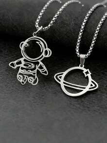 2 piezas Conjunto de collar con colgante de astronauta y planeta de acero inoxidable hueco, regalo para parejas - Plateado - Ver 2