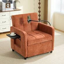 Two-In-One Sleeper Chair, Single Sleeper Sofa, Chenille Armchair (With Cushions And Side Pockets), With A Small Table On One Side And A Storage Bag On The Other, Complete - 橘色 - 查看 4