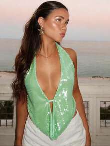 Women Halter Sequin Tank Tops Sparkly Glitter Mermaid Costumes Backless Vests Summer Sleeveless Deep V-Neck Drape Front Camisoles Crop Tops Party Clubwear Streetwear - 綠色 - 查看 1