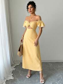 Đầm nữ thanh lịch phong cách đường phố chấm bi trễ vai eo khoét, thích hợp cho kỳ nghỉ hè. - Màu vàng - Xem 6