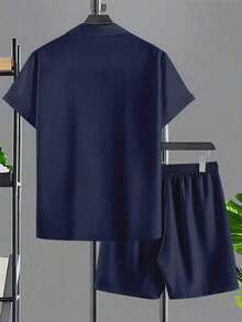Plus Size Men's Shirt Set, Short Sleeve Shirt And Shorts 2-Piece, Solid Color Machine Washable - Navy Blue - View 7
