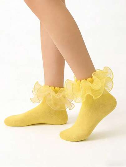 1双儿童/女婴荷叶边黄色褶皱花朵袜子