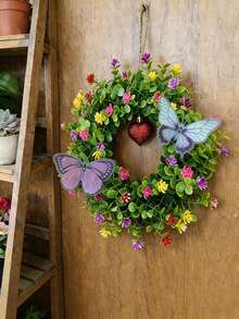 2 piezas Corona floral artificial colorida, decoración colgante rústica de primavera, acentos de mariposa realistas de alta calidad, decoración interior del hogar, regalo del Día de la Madre, suministros de jardinería - Multicolor - Ver 3