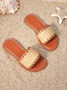 1 Pair Girls' Woven Straw Slide Sandals For Bohemian Casual Summer Wear - Burnt Orange - View 6