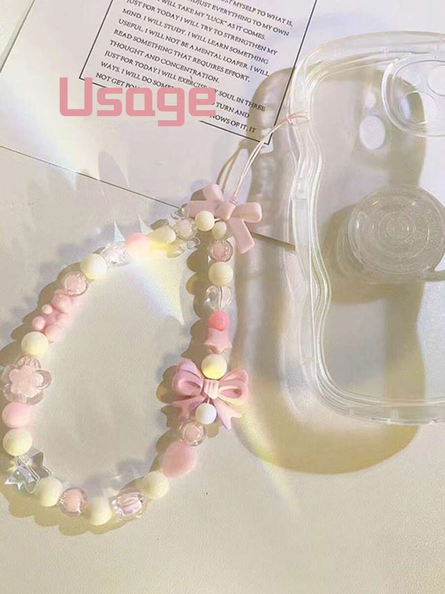 极简粉色蝴蝶结元素 3/1件装 网络红人 INS风手机挂绳 简约百搭串珠链 少女风项链 女士春季礼物 - 淺粉色 - 查看 1