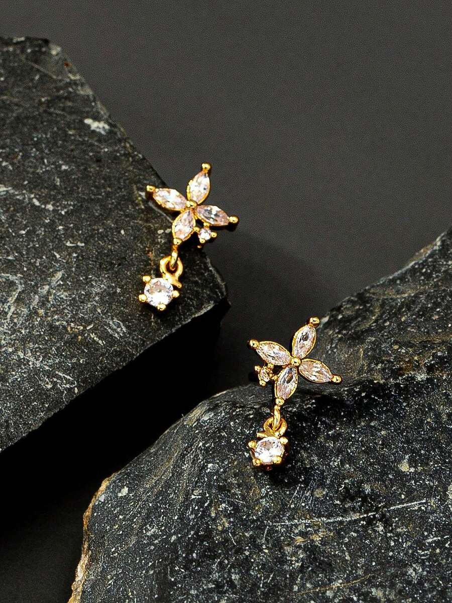 Bông tai hình hoa đính đá Cubic Zirconia thanh lịch - Nhẫn hình bướm đính đá Cubic Zirconia có thể điều chỉnh kích thước thời trang - Nhẫn hở hình hoa đôi sang trọng duyên dáng. - Vàng - Xem 1