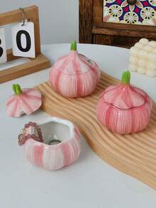 1pc Cute Pink 3D Garlic Ceramic Storage Box W/ Lid, Hand-Painted Veggie Jewelry Organizer, Mini Vanity Trinket Jar, Decorative Small Container For Rings, Earrings & Tiny Desk Accessories - Multicolor - View 8
