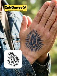 1套“信仰之光”新技术临时纹身贴纸，半永久性假纹身，防水持久，祈祷之手图案，植物墨水，Dance Of Ink礼品套装X214 - 黑色 - 查看 2