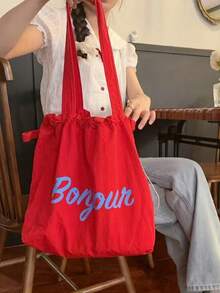 Túi vải bố một vai cỡ lớn có dây rút, kiểu dáng mới năm 2026, túi xách tay bằng nylon in chữ Nhật, thích hợp cho việc đi lại hàng ngày. - Đỏ - Xem 3