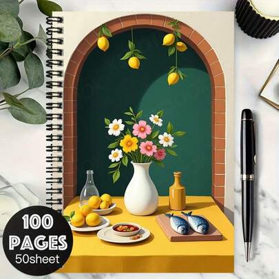 100-Page Spiral Notebook With Pastoral Floral, Arch And Lemon Cover Design, High-Quality Paper For Smooth Writing, Suitable For Work, Study, Daily Planning, Also Makes A Thoughtful Graduation Or Birthday Gift