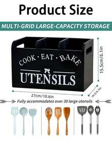 Organizador de utensilios de madera con 3 compartimentos, estante de almacenamiento multifuncional para encimera de cocina, puede contener cucharas, tenedores, cuchillos y otras herramientas de cocina, soporte de cubiertos de madera maciza negra - Multicolor - Ver 2